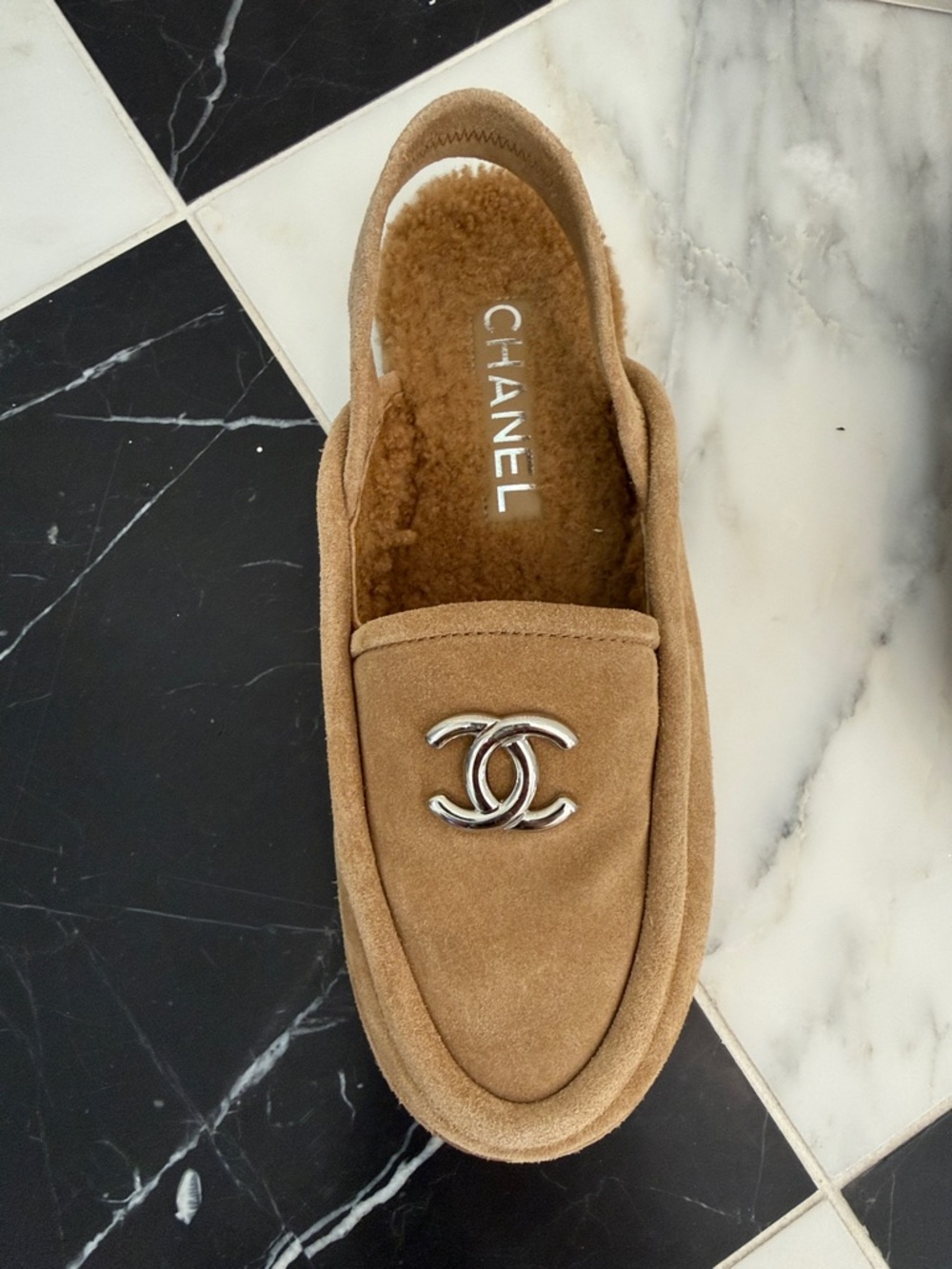 CHANEL Tan Suede Loafers with Silver CC Hardware - Picture 3 of 5